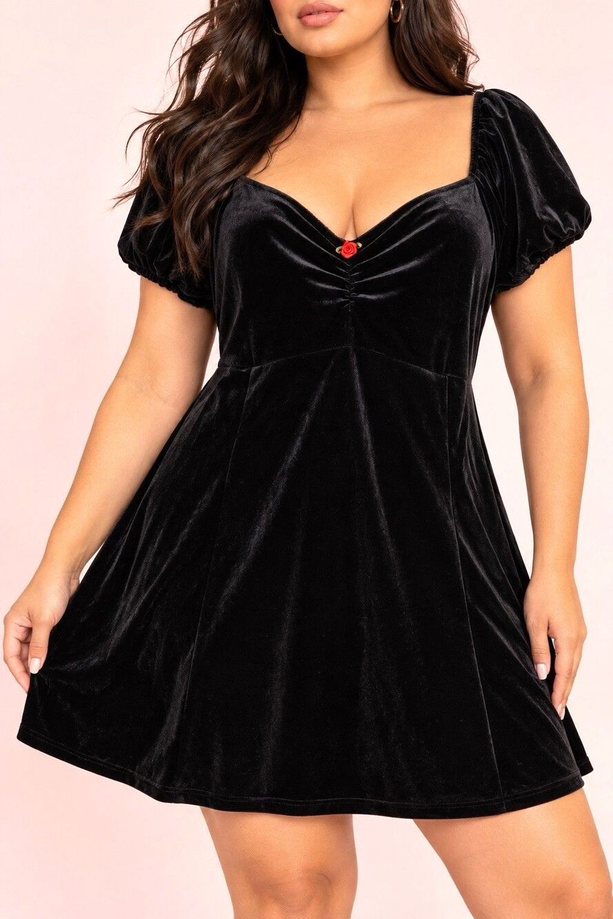 Black Velvet 3X Mini Dress Red Rose Puff Sleeve Romantic Goth Whimsigoth NWT